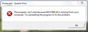 The program can't start because MSVCR80.dll is missing from your computer.  Try reinstalling the program to fix this problem.